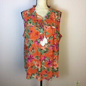 Harper 241 Blouse Tank Top XL Woman's Orange Floral Sleeveless Tassel Tie Neck